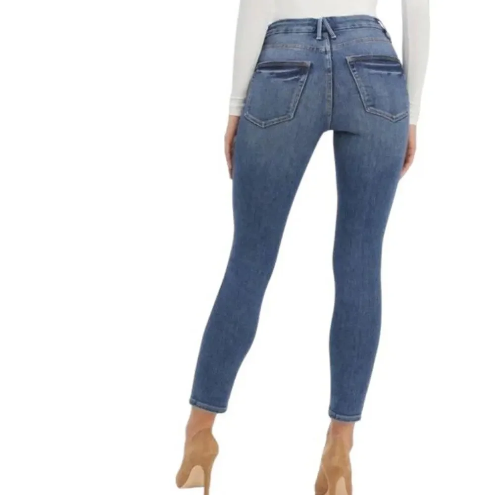 Good American Good Legs Stovepipe High Rise Jeans SIZE 00 24x28 Blue Distressed - Picture 2 of 12